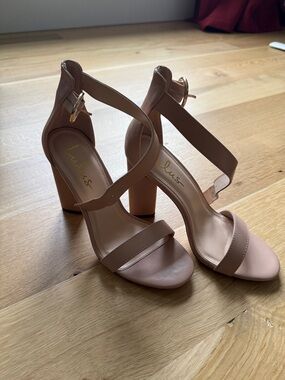 Lulu's Nude/Taupe Cross-Strap Block Heel Sandals
